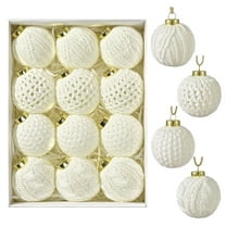Decorate 12-Piece Knit Christmas Baubles Cream White Ornament Set with Gold Hangers for Tree Decor A JASKFLY