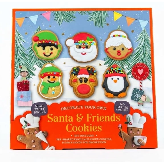 Decorate Your Own Santa & Friends Cookies Kit, 220g Includes Pre-Shaped Vanilla Flavour Cookies, Icing & Candy. No Baking Required! For Kids at Christmas.