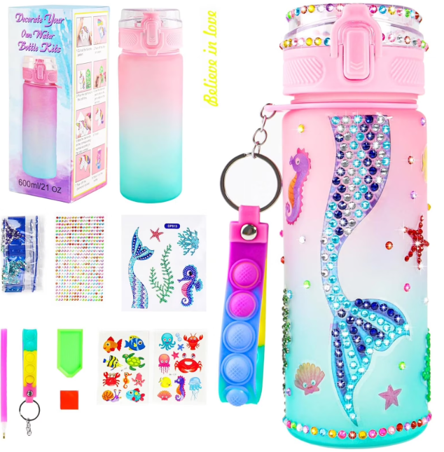 Decorate Your Own Water Bottle Kits for Girls Age 4-12, Kids Water Bottle Girls Birthday Gifts, Themed Painting Crafts, Kits for Kids, Fun Arts and Crafts (Mermaid)