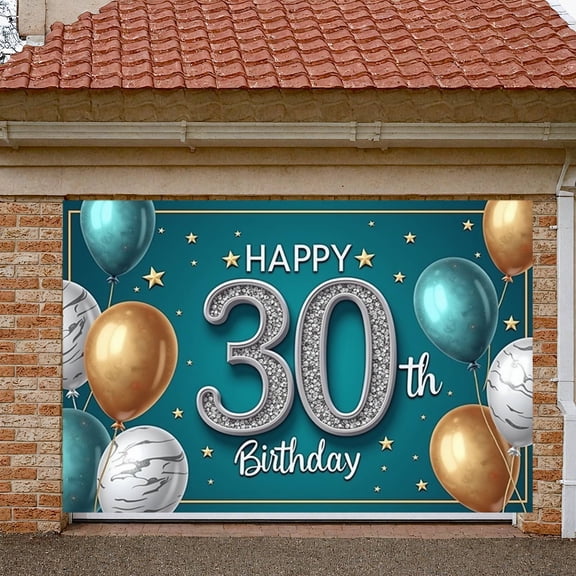 Decorated 30th Birthday Banner Gold Balloons Happy 30th Display Star Adorned Teal Background 30th Anniversary Backdrop for 30th Birthday Party Adult Celebration Photo Backdrop
