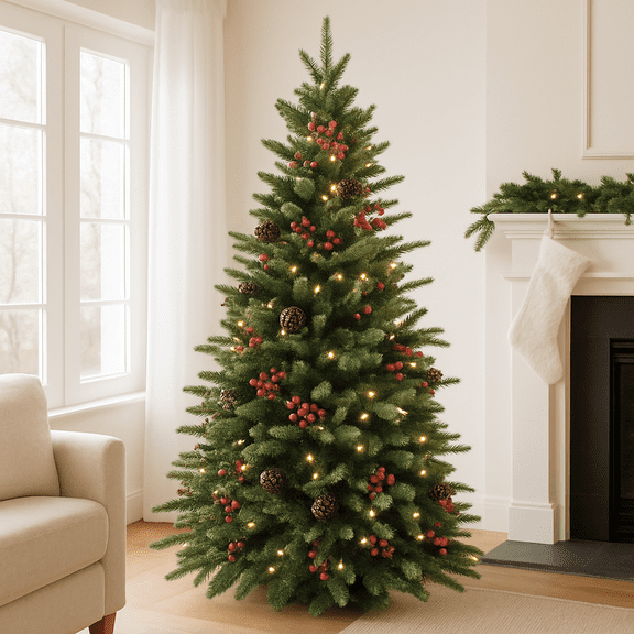 Decorated Artificial Christmas Tree with Full Branch Tips & Pine Cones - Sturdy Metal Stand for Indoor Outdoor Holiday Decor