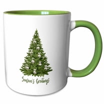 3drose, Decorated Christmas Tree on White. Seasons Greetings Text, 15oz Two-tone Green Mug
