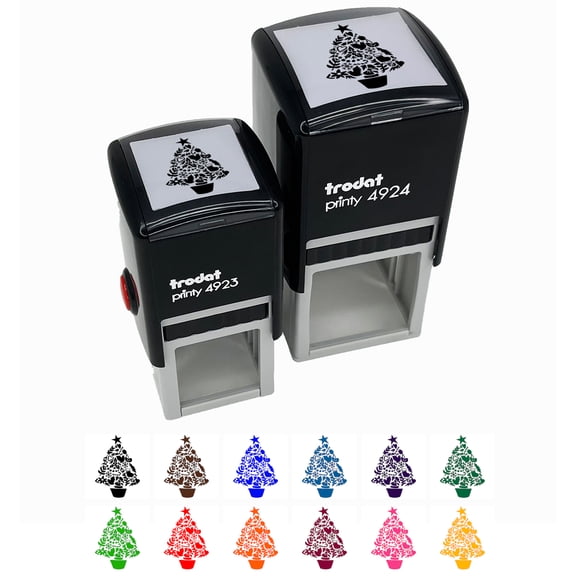 Decorated Christmas Tree Stocking Ornament Dove Self-Inking Rubber Stamp Ink Stamper - Red Ink - Small 1 Inch