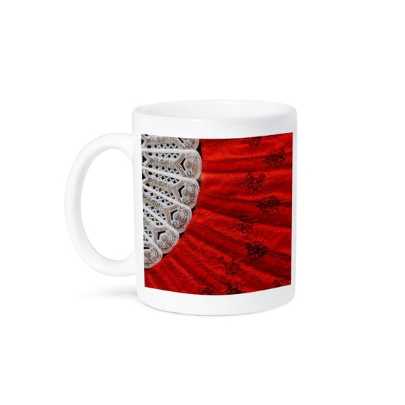 3drose, Decorated Hand Fan of Red Color. White Plastic Handle, 11oz Mug