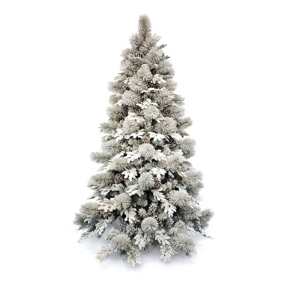 Decorated Holiday Christmas Tree, PVC Branch Tips, Metal Hinges & Base, Flocked Design, Pine Cones for Home, Office, Party Decoration