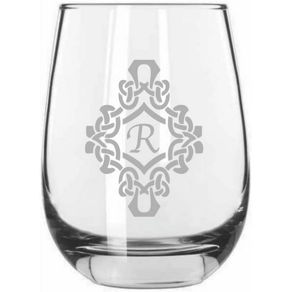 Decorated R Decorated Monogram Etched 15.25oz Libbey Stemless Wine Glass