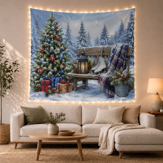 Decorated Tree by Bench with Ice Skates, Peaceful Rustic Style for Seasonal Decor Lovers, Forest Wall Art, Christmas Gift, Tapestry Wall Hanging for Bedroom and Entryway
