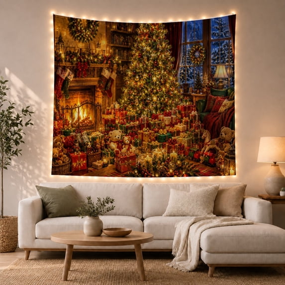 Decorated Tree by a Fireplace with Presents, Cozy Vintage Art for Vintage Decor Lovers, Festive Wall Art, Christmas Gift, Tapestry Wall Hanging for Living Room and Bedroom