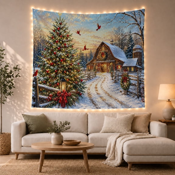 Decorated Tree Snowy With Farm Yard, Mystical Fantasy for Space Lovers, Galaxy Room Decor Room Accent, Christmas Gift, Tapestry Wall Hanging for Bedroom and Dorm