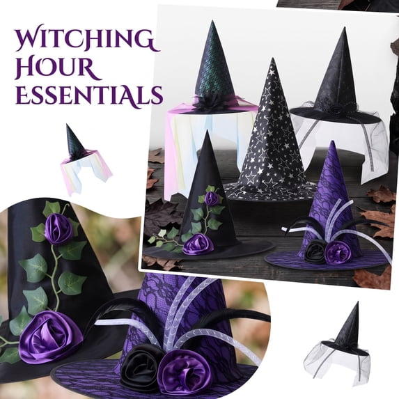Decorated Witch Hat With Flower Feather Lace Halloween Party Cosplay Accessory Black One Size