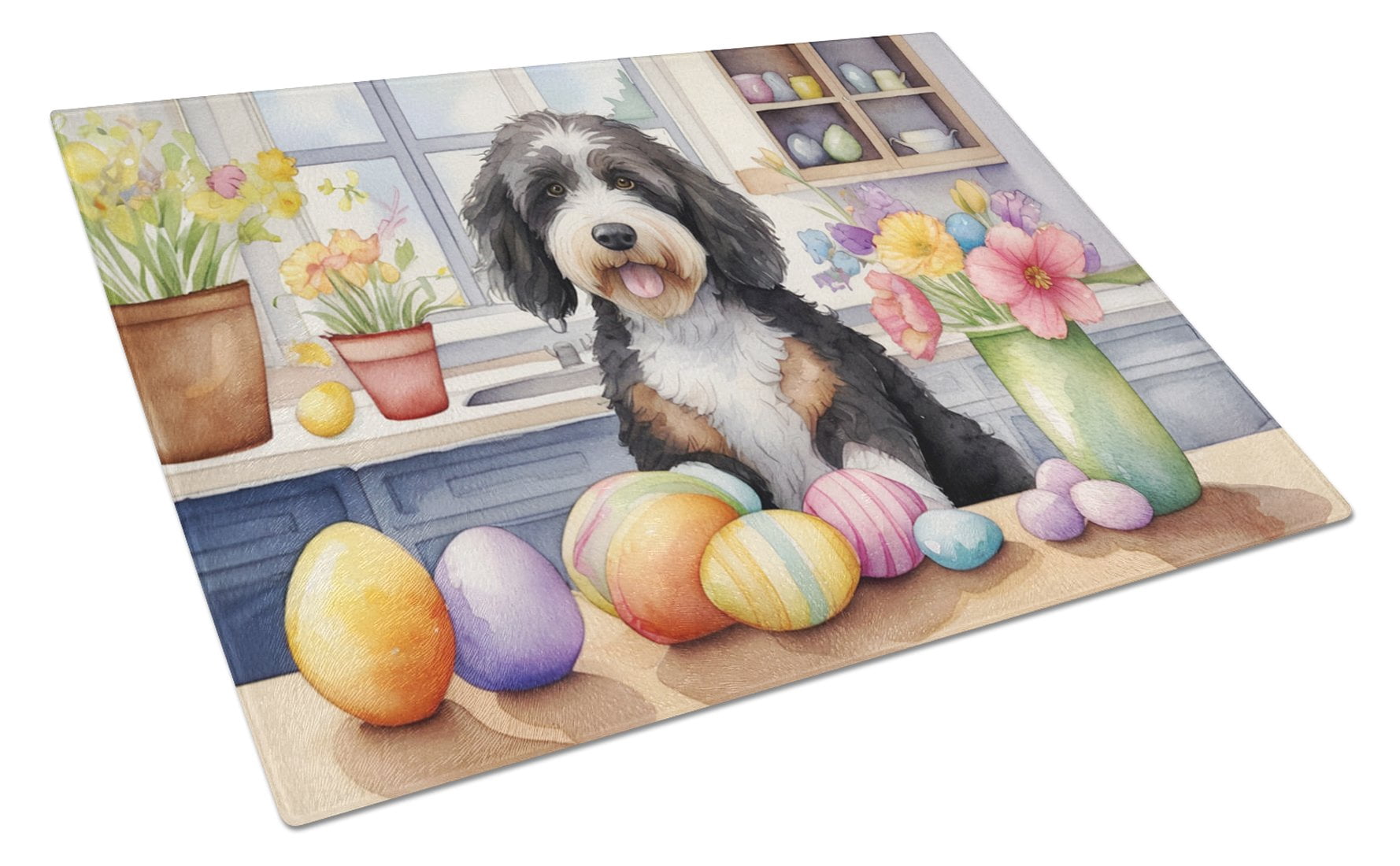 Decorating Easter Bernedoodle Glass Cutting Board 12 in x 15 in