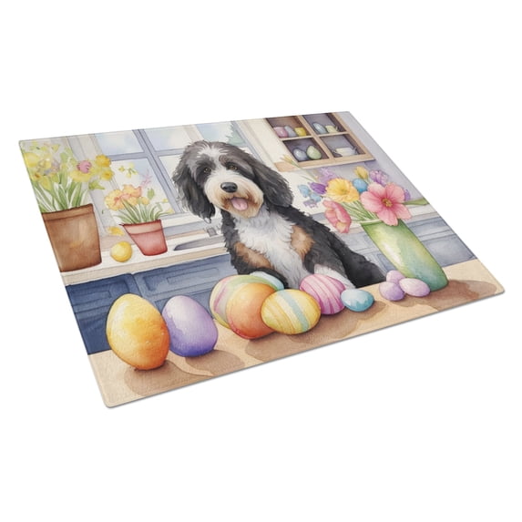 Decorating Easter Bernedoodle Glass Cutting Board 12 in x 15 in