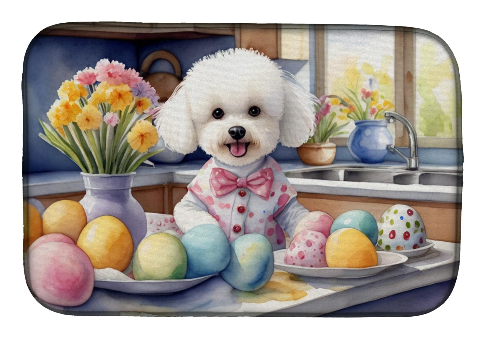 Decorating Easter Bichon Frise Dish Drying Mat 14 in x 21 in