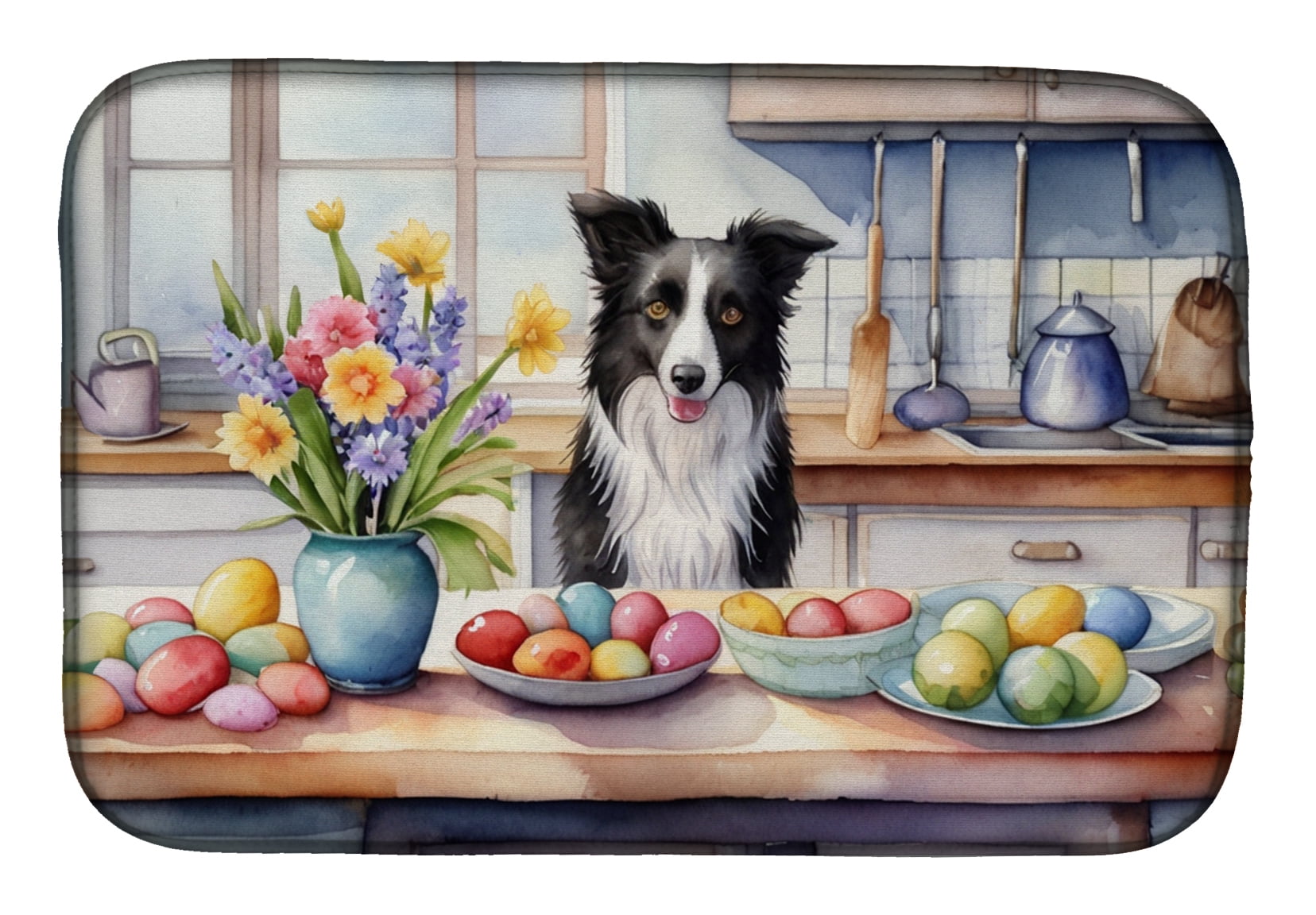 Decorating Easter Border Collie Dish Drying Mat