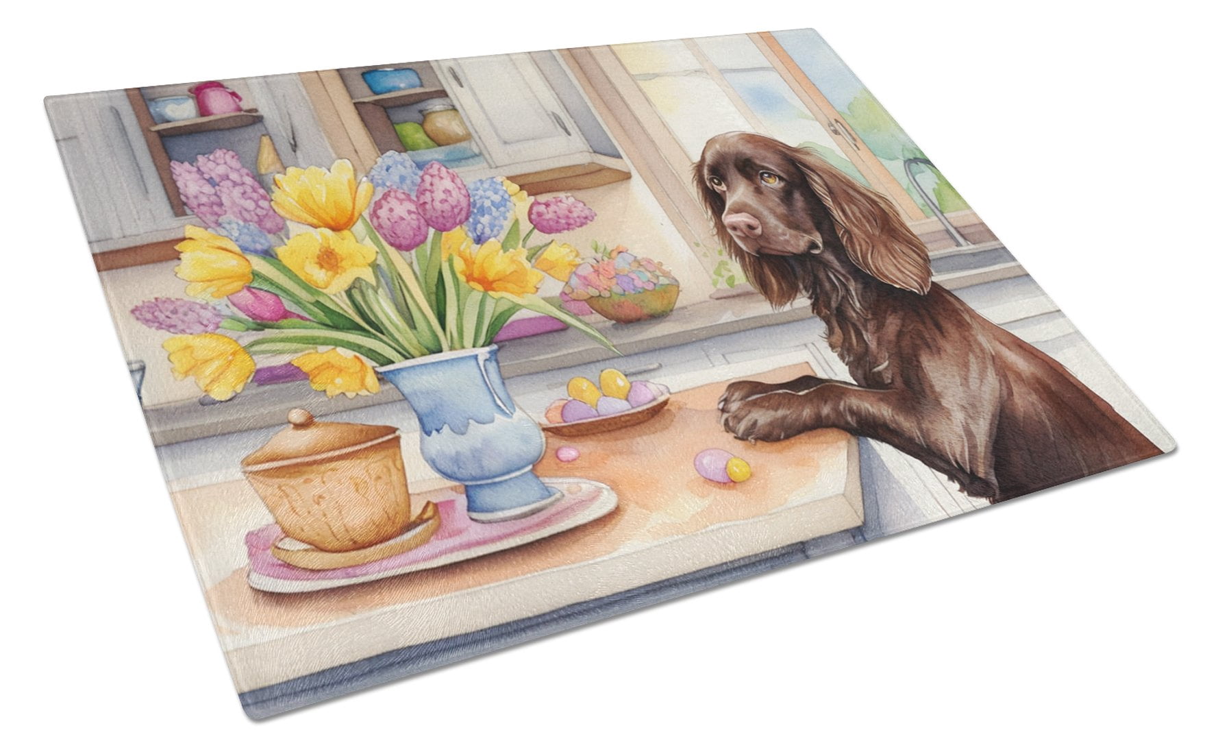 Decorating Easter Boykin Spaniel Glass Cutting Board 12 in x 15 in