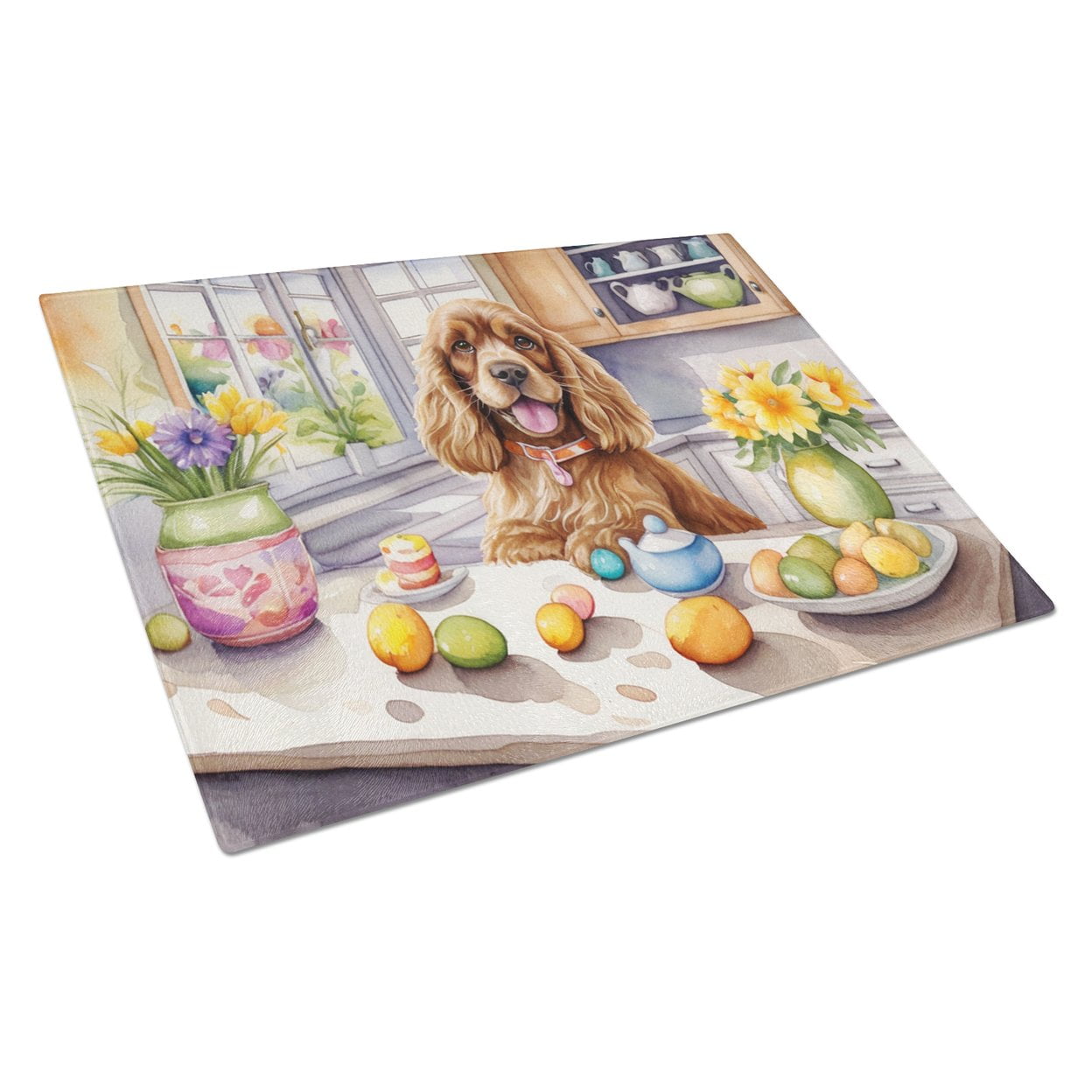 Decorating Easter Cocker Spaniel Glass Cutting Board 12 in x 15 in