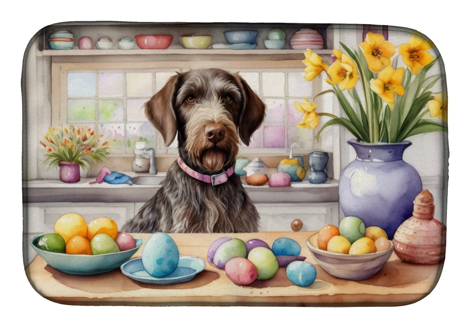 Decorating Easter German Wirehaired Pointer Dish Drying Mat