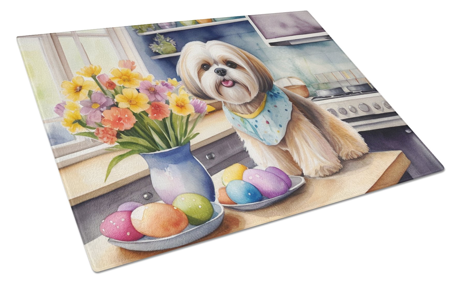 Decorating Easter Lhasa Apso Glass Cutting Board 12 in x 15 in