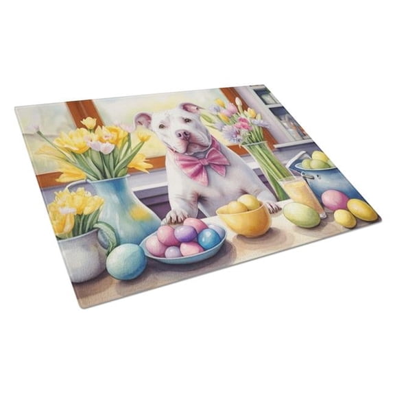 Decorating Easter Pit Bull Terrier Glass Cutting Board 12 in x 15 in