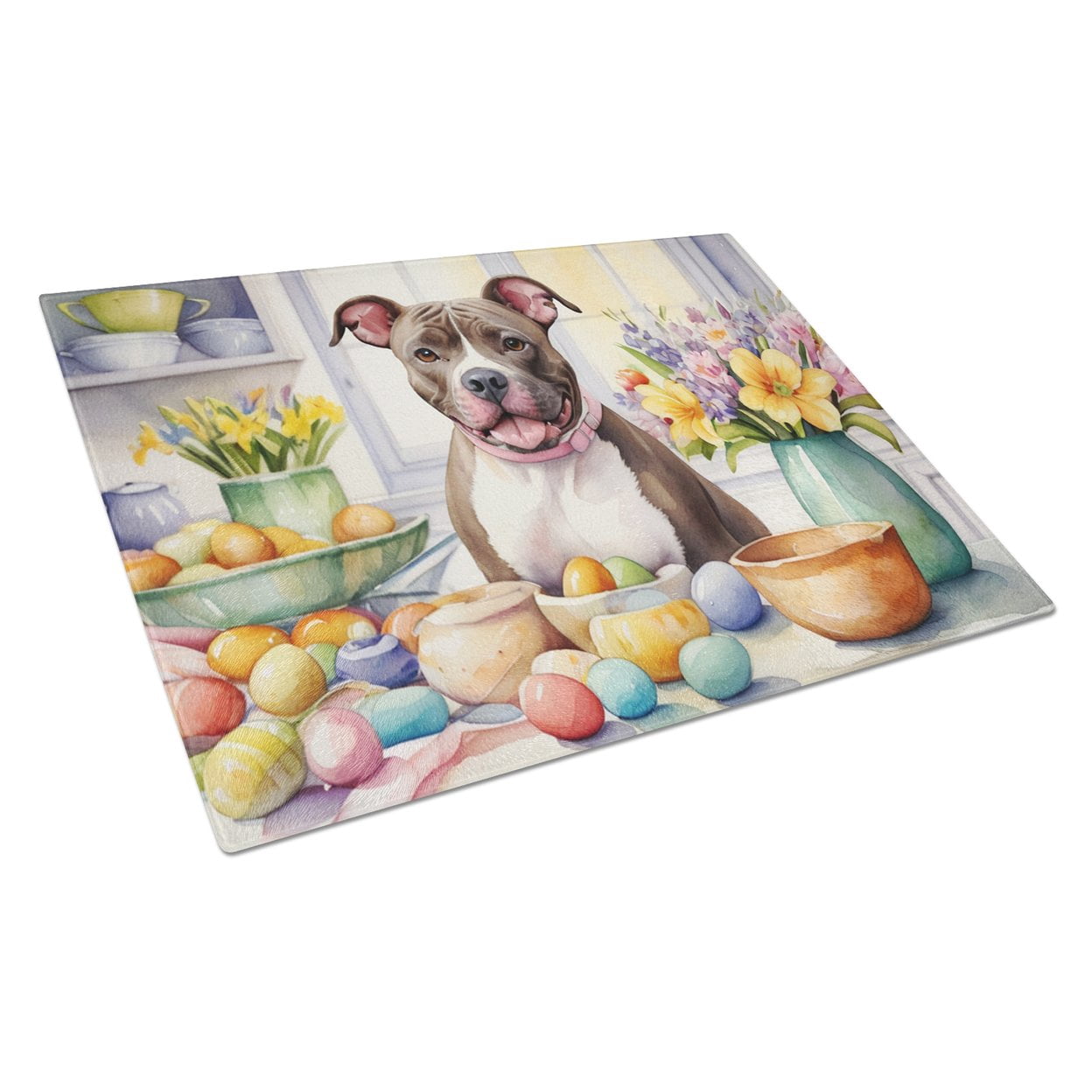 Decorating Easter Pit Bull Terrier Glass Cutting Board 12 in x 15 in