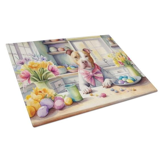 Decorating Easter Pit Bull Terrier Glass Cutting Board 12 in x 15 in