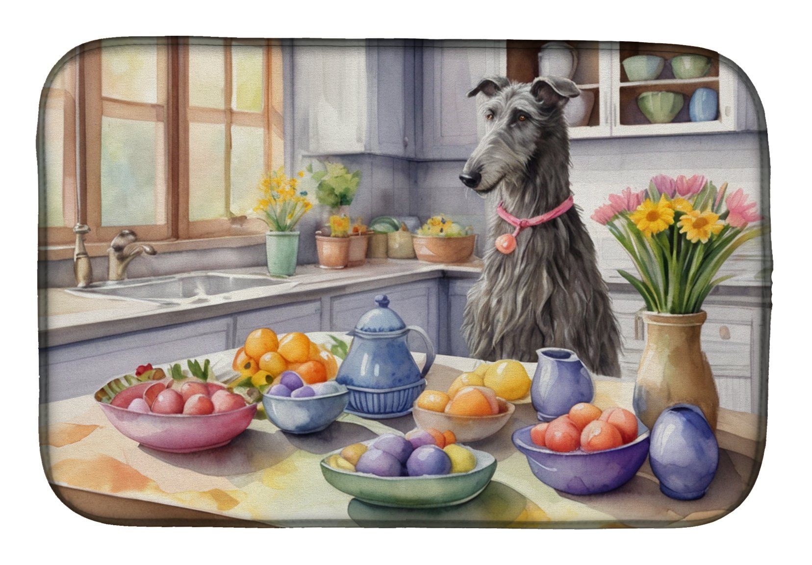 Decorating Easter Scottish Deerhound Dish Drying Mat