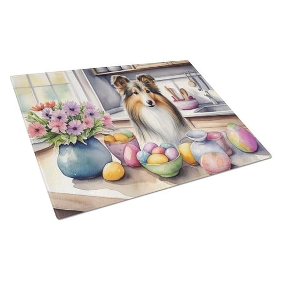 Decorating Easter Sheltie Glass Cutting Board 12 in x 15 in