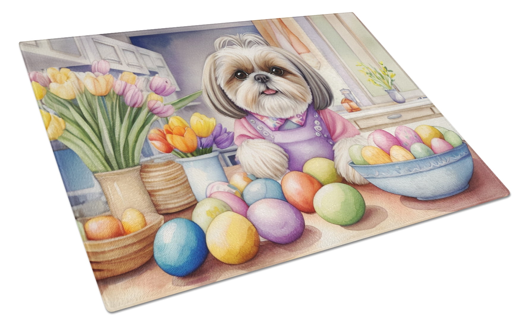 Decorating Easter Shih Tzu Glass Cutting Board 12 in x 15 in