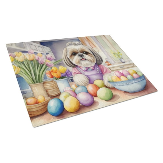 Decorating Easter Shih Tzu Glass Cutting Board 12 in x 15 in