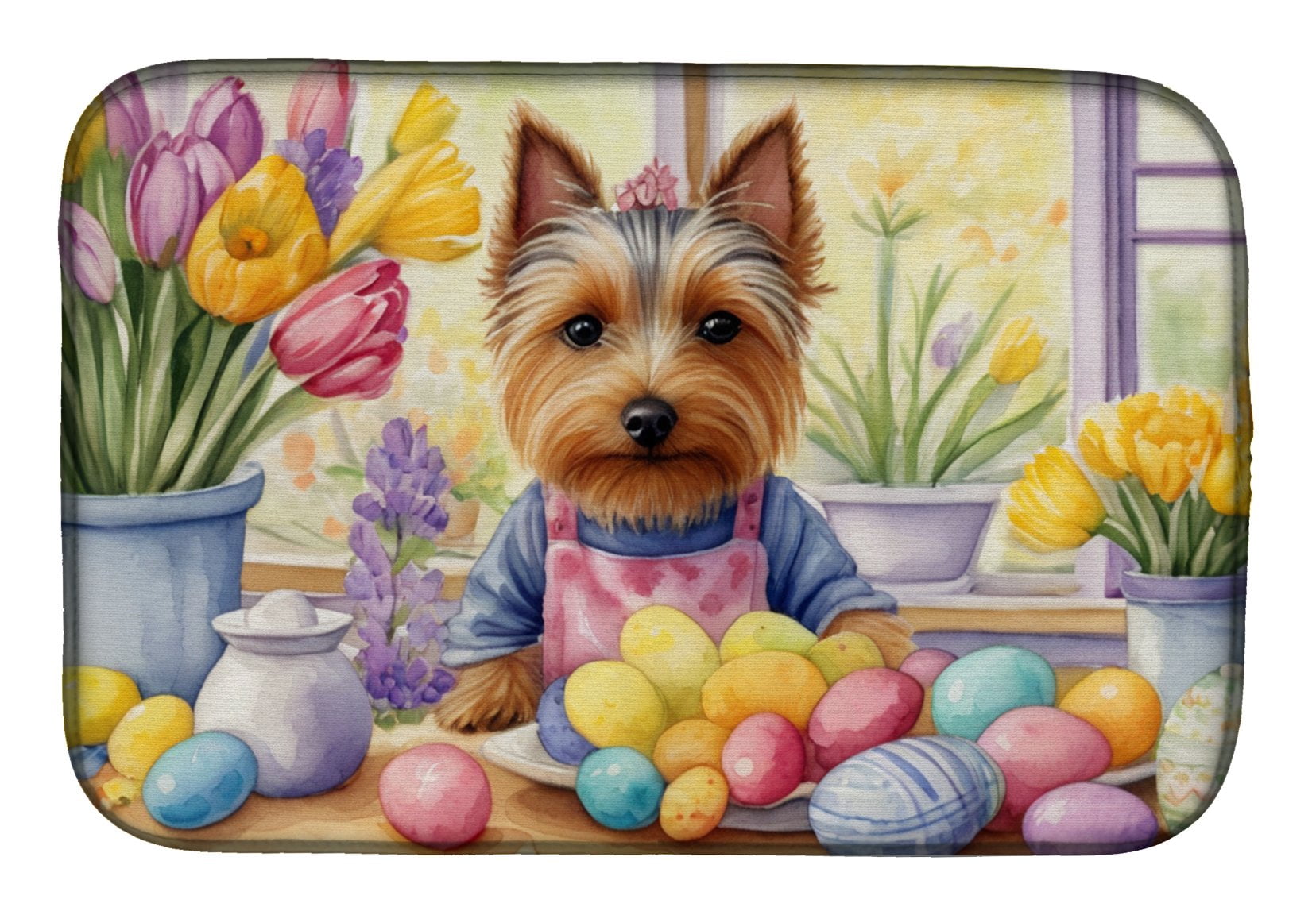 Decorating Easter Silky Terrier Dish Drying Mat