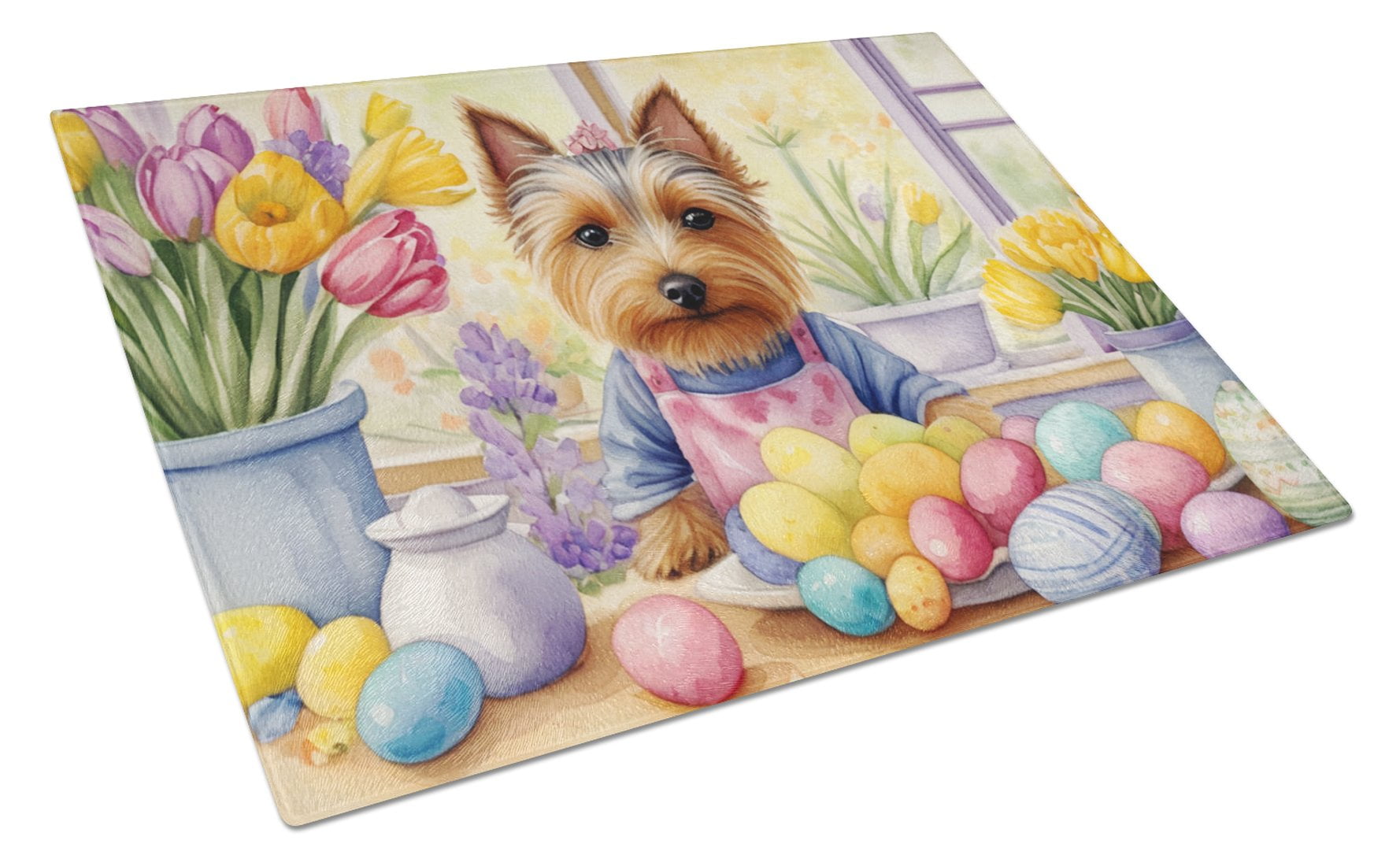 Decorating Easter Silky Terrier Glass Cutting Board 12 in x 15 in