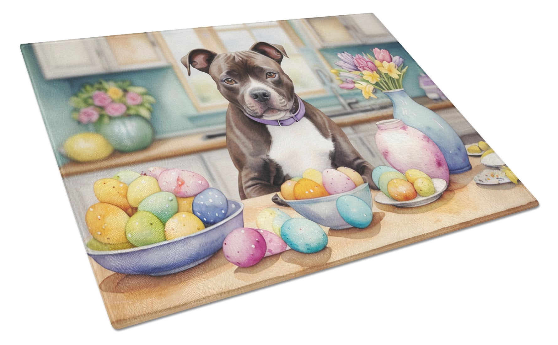Decorating Easter Staffordshire Bull Terrier Glass Cutting Board 12 in x 15 in