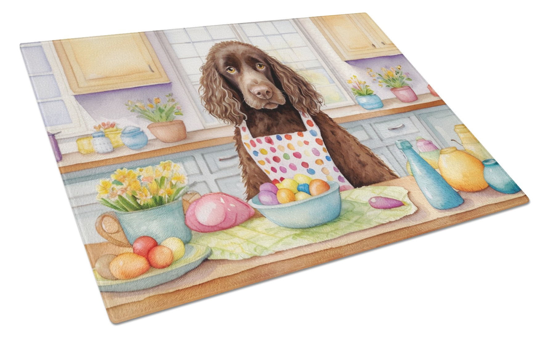 Decorating Easter Water Spaniel Glass Cutting Board 12 in x 15 in
