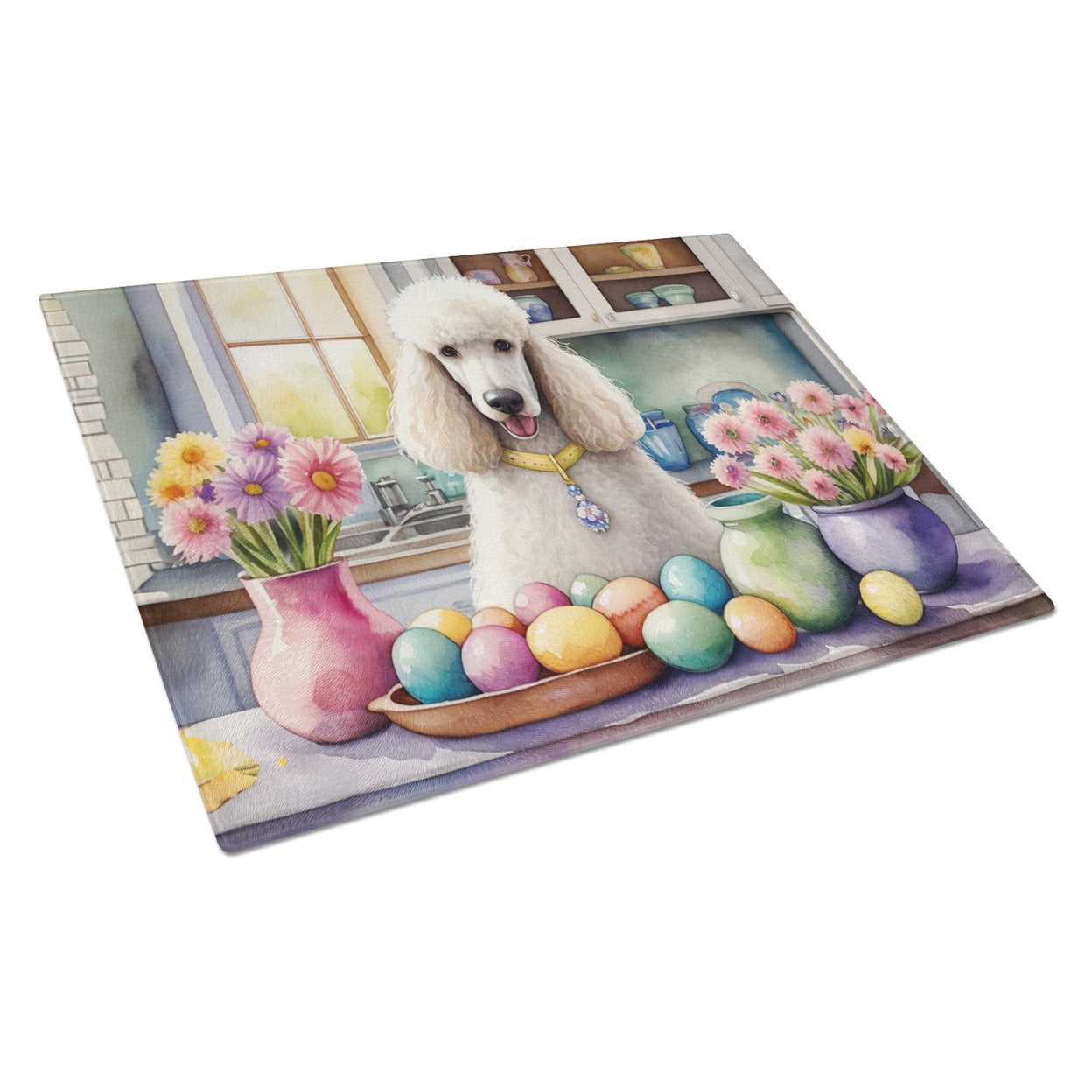 Decorating Easter White Poodle Glass Cutting Board 12 in x 15 in
