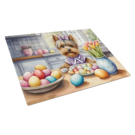 Decorating Easter Yorkshire Terrier Glass Cutting Board 12 in x 15 in