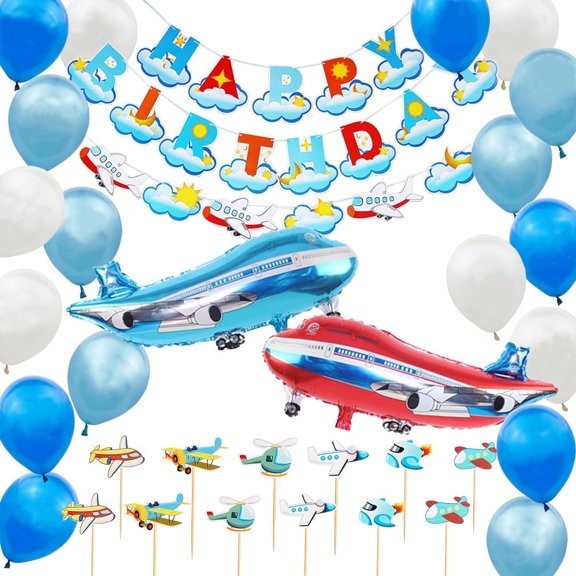 Decorating birthday balloons for the aircraft, aircraft-themed birthday decoration sets, aircraft-themed birthday balloon banners and flags, aircraft-themed cake decorations, aircraft-themed party.