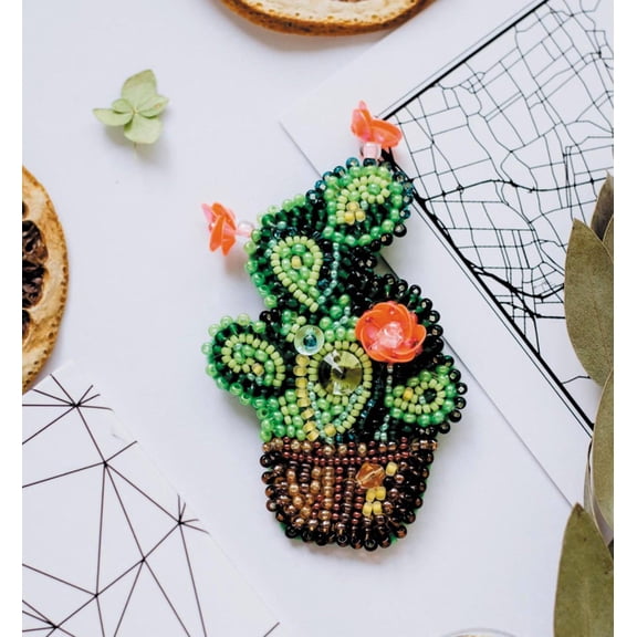 Wizardi Bead Embroidery Decoration - Cactus. Colorful Beads, Beading Needles. DIY Kit. Embroidery for Beginners. Home Decor. AD-032 Abris Art