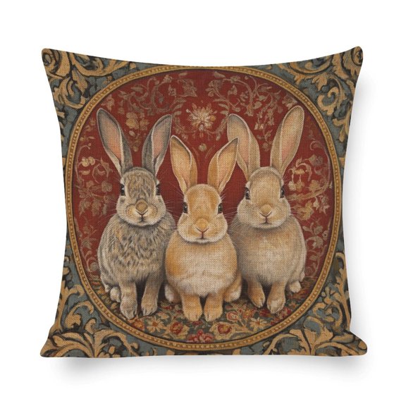 Decoration Pillow Cover Floral Easter Bunny Cushion Case Three Bunnies Ancient Pattern Bed Throw Pillowcases for Couch Bed Car 18"x18"