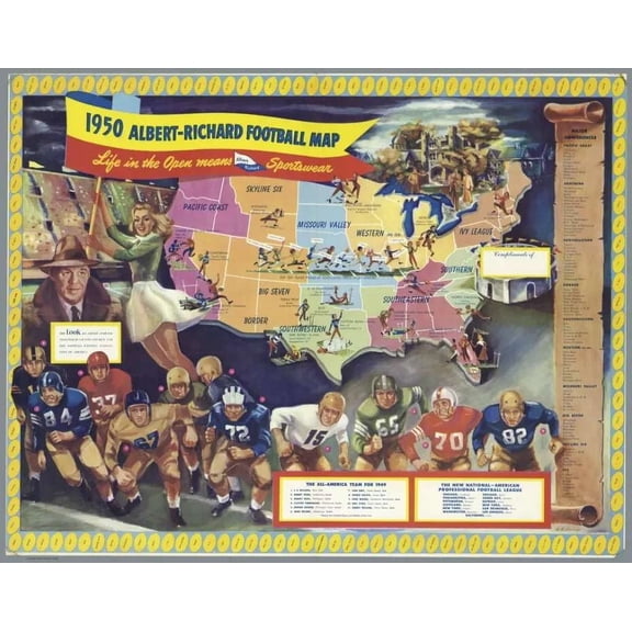 .Decoration Poster.Vintage Interior wall design. American Football map 11 x 17 Inch Poster