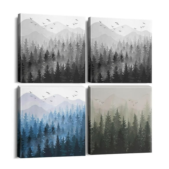 Decoration Wall Art,Misty Fog Dark Forest Rustic Landscape Photo Prints,Art Work with Wood Frame,Motivational Art Print for Room Decor Wall Decor House Decor 4 Pack(12x12inch)