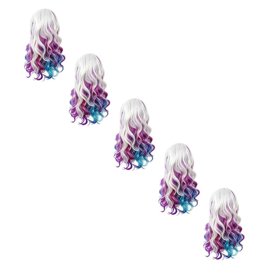 Decoration White and Blue Gradient Wig - Mid-Parted Long Curly Full Wig, Synthetic Fiber, Dreamy Cosplay Style, Party & Halloween, Layered Gradient, Full Headgear, Adults 1PC*5