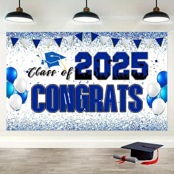 Decorations Class of 2025 Congrats Grad Banner Graduation Party Backdrop for Graduation Celebrations (Blue and White)