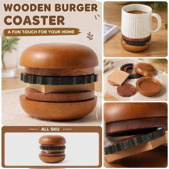 Decorations for Home, Rustic Kitchen Decor, Cute Desk Decor, Drink Coasters, 3.5X4 Inch Fun Stacked Burger Style Wood Coaster Set, Cute Functional Tabletop Display Piece,