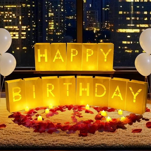 Decorations for Women Men Girls Light Up Sign Luminary Bags Letters with 2000PC Rose Petals and Candles kit, Happy Birthday Banner for Room Party Decorations, Surprise Gifts Banner