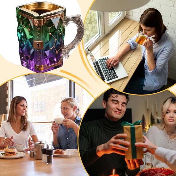 Decorative 1-Pack Hexagonal Glass Mug With Dragon Handle And Constellation Pattern, Unique Artistic Coffee Tea Cup For , Ideal For Home Office Or Gift