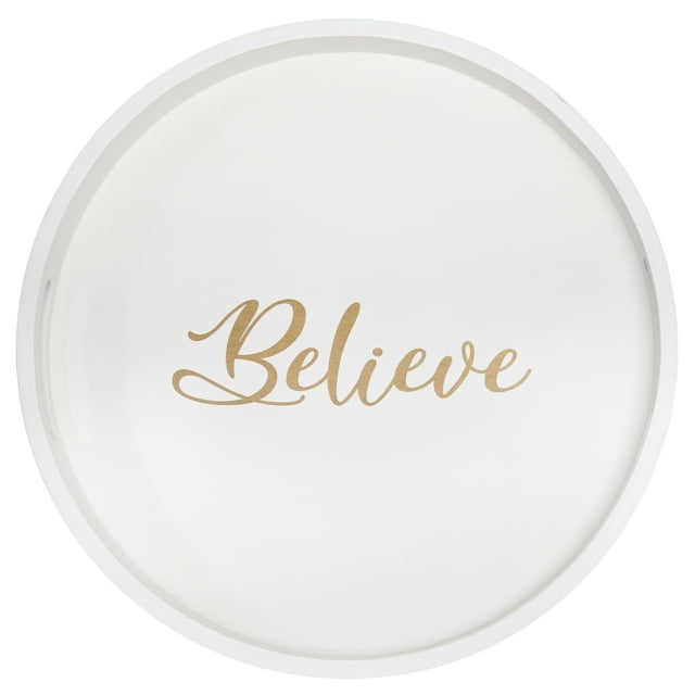 Decorative 13.75in Round Wood Serving Tray w Handles Believe