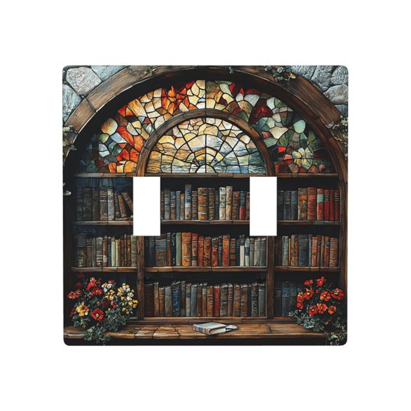 Decorative 2-Gang Toggle Light Switch Wall Plate, Double Gang Decorative Outlet Cover for Home Office, Bookshelf Library Stained Glass