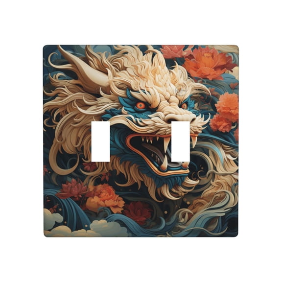 Decorative 2-Gang Toggle Light Switch Wall Plate, Double Gang Decorative Outlet Cover for Home Office, Chinese Dragon Art