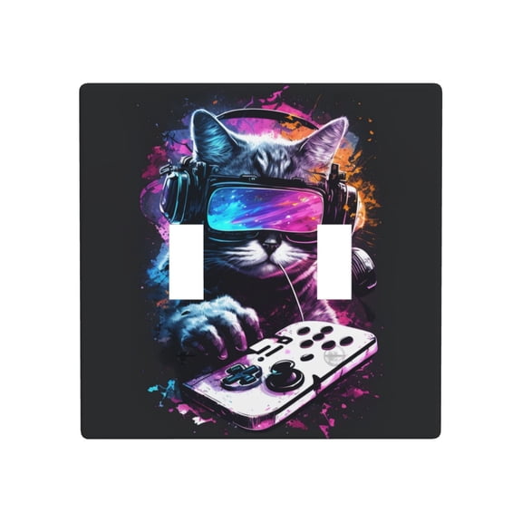 Decorative 2-Gang Toggle Light Switch Wall Plate, Double Gang Decorative Outlet Cover for Home Office, Galaxy Cat Play Games Funny