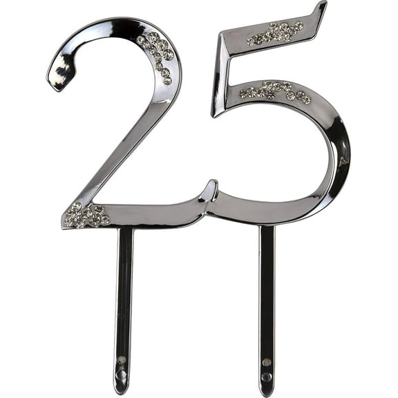 Decorative 25th Anniversary Cake Topper, 4" x 2.75", Silver